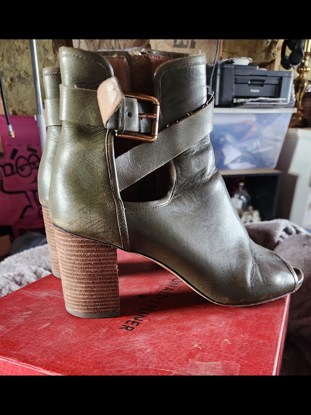 Donald J. Pliner Olive Green Leather Cutout Ankle Boot with Stacked Heel
